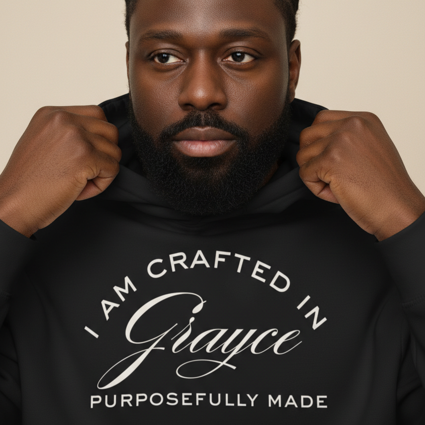 Man wearing a black crafted in grayce hoodie with a beige background