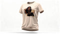 Beige t-shirt with a graphic design on a white background