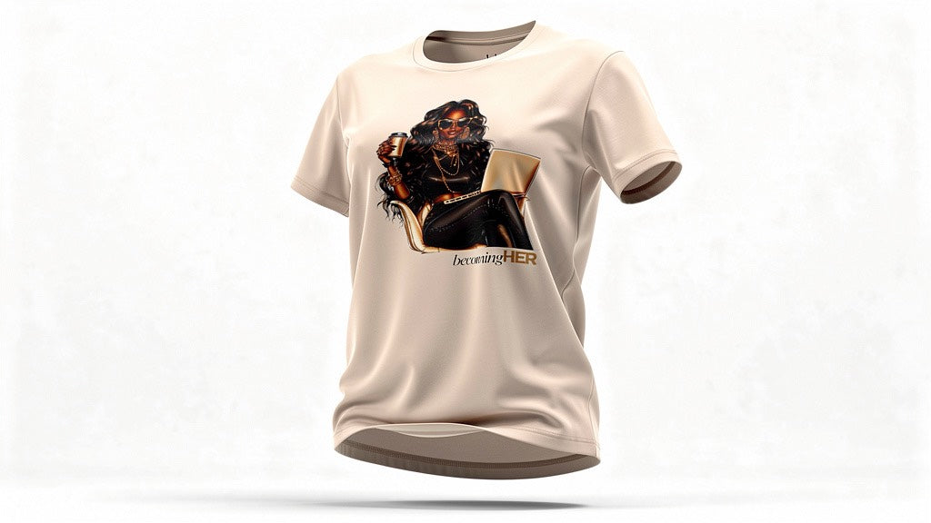 Beige t-shirt with a graphic design on a white background