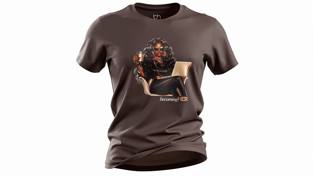 Brown t-shirt with graphic design and text on a white background