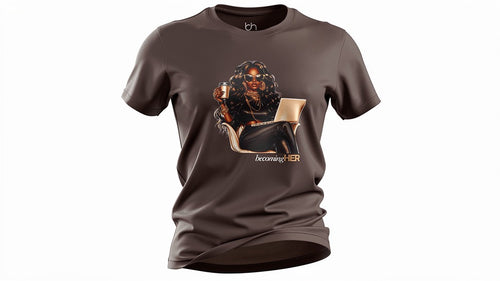 Brown t-shirt with graphic design and text on a white background