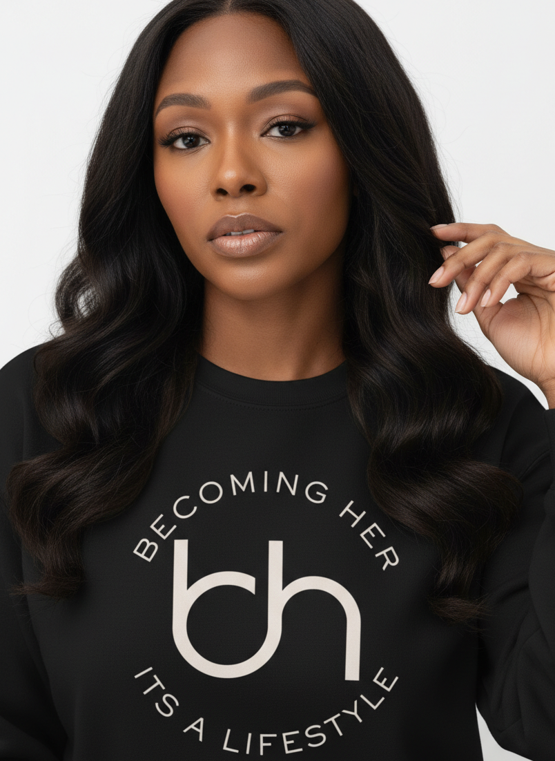 Woman wearing a black sweatshirt with 'Becoming Her' logo and text on a white background