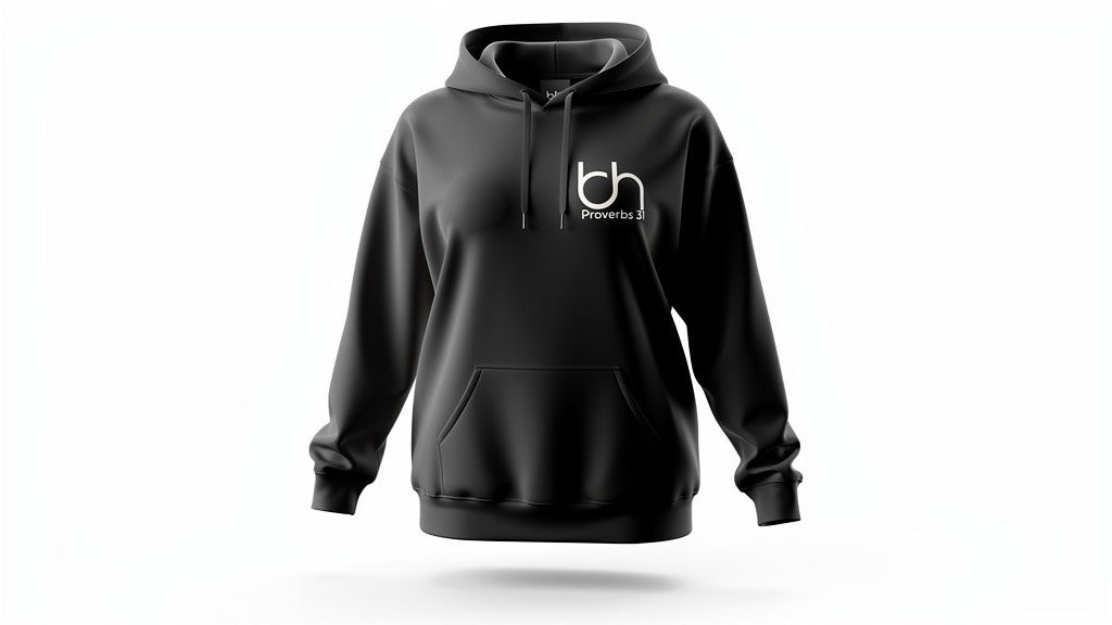 Black hoodie with a logo on a white background
