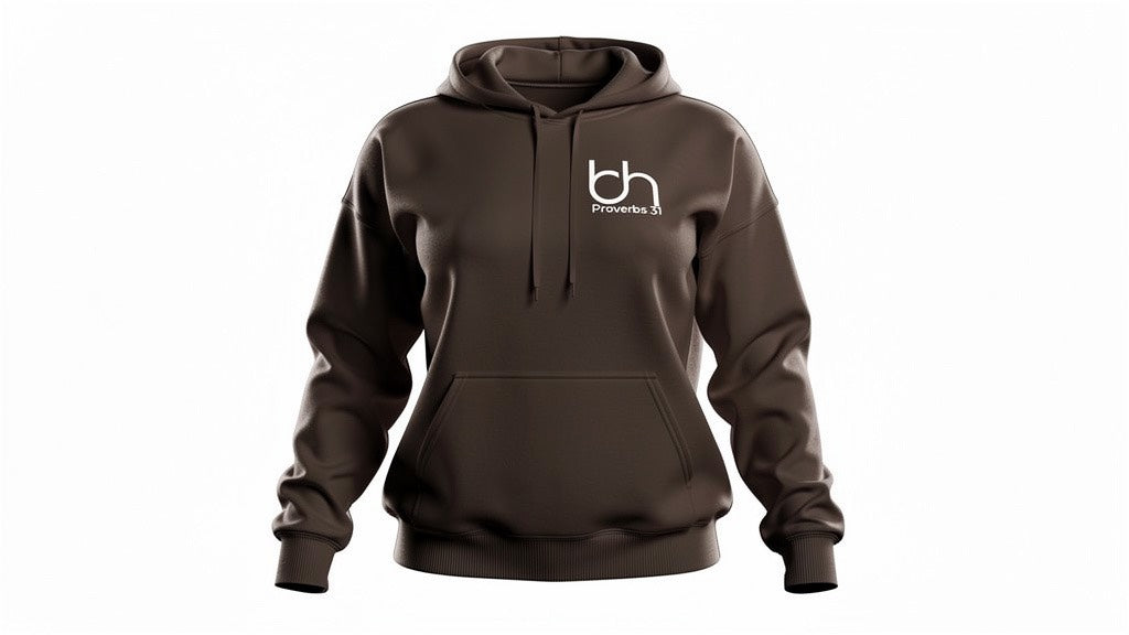 Brown hoodie with a logo on a white background
