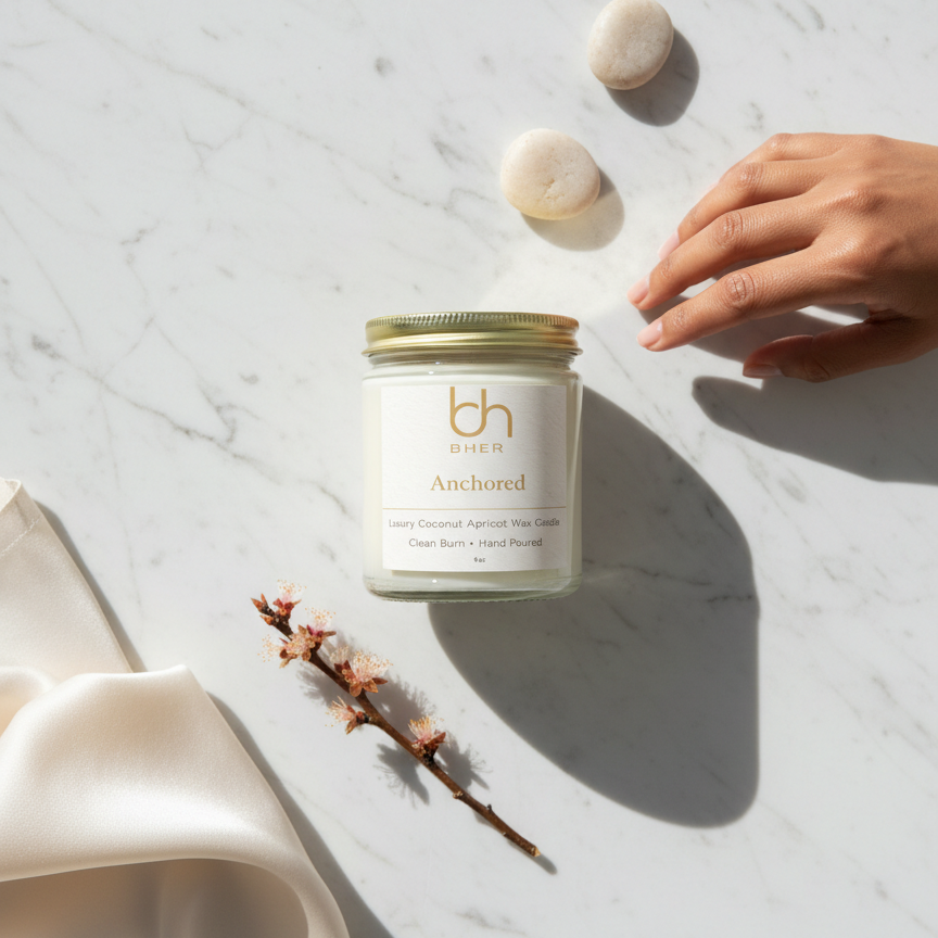 B.HER Anchored luxury coconut apricot wax candle styled on a marble surface with a hand and soft neutral accents