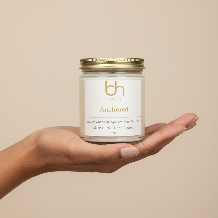 B.HER Anchored luxury coconut apricot wax candle held in hand against a soft beige background