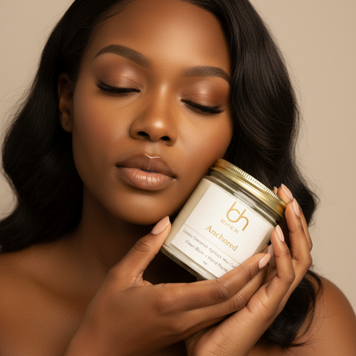 Woman holding B.HER Anchored luxury coconut apricot wax candle against a soft neutral background
