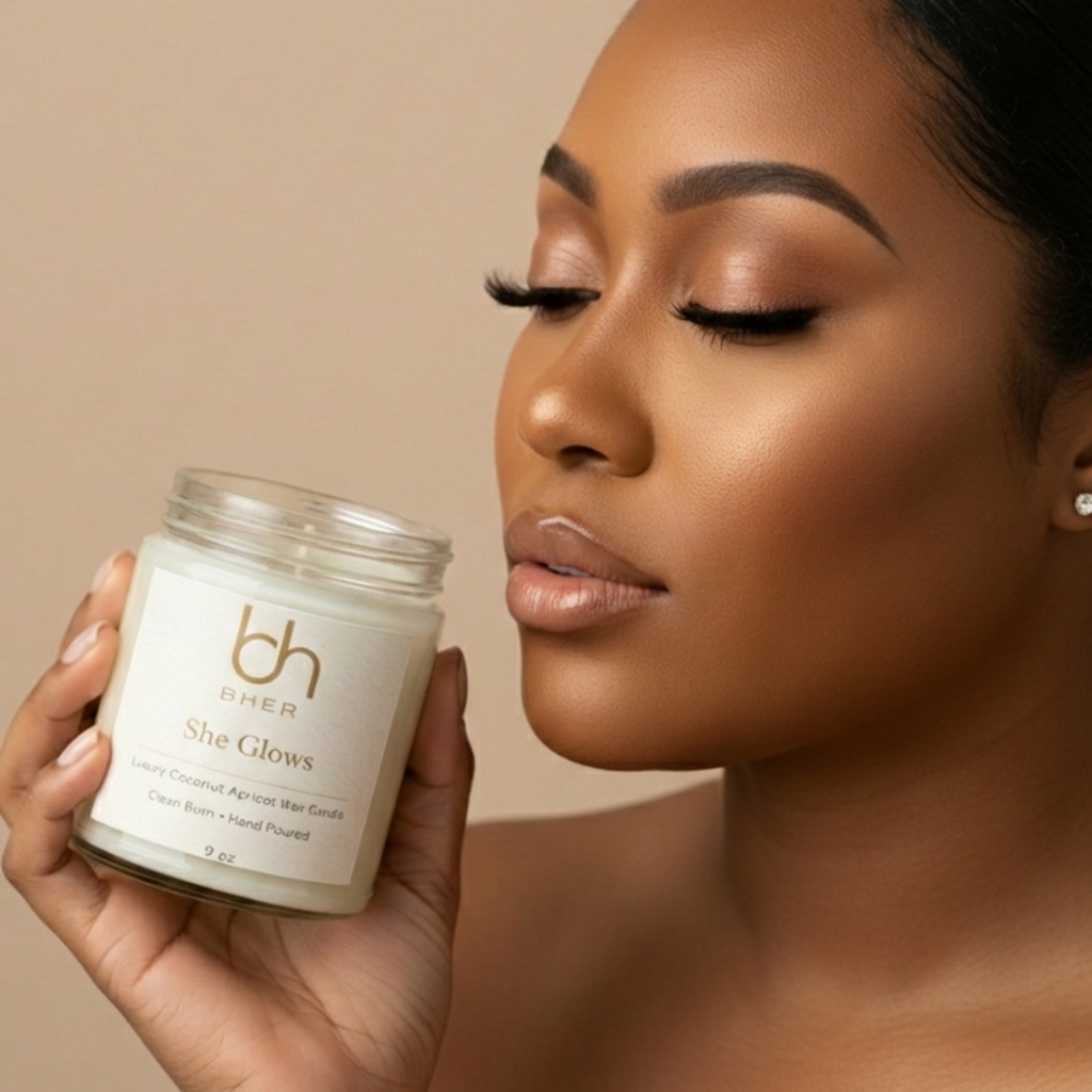 Woman holding B.HER She Glows luxury coconut apricot wax candle with eyes closed against a warm neutral background