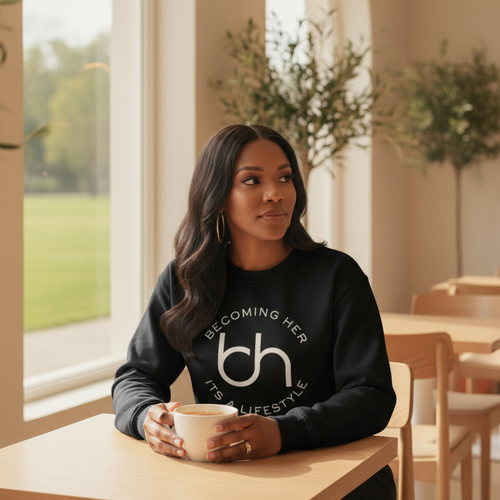 Woman sitting at a table in a cafe wearing a black sweatshirt with a logo and text.