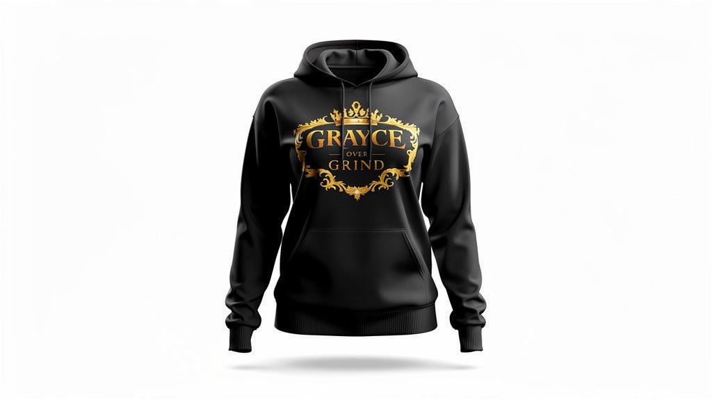 Black hoodie with gold 'Grayce Grind' design on a white background