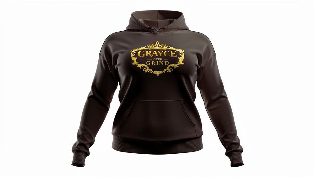 Brown hoodie with 'Grayce Grind' logo on a white background