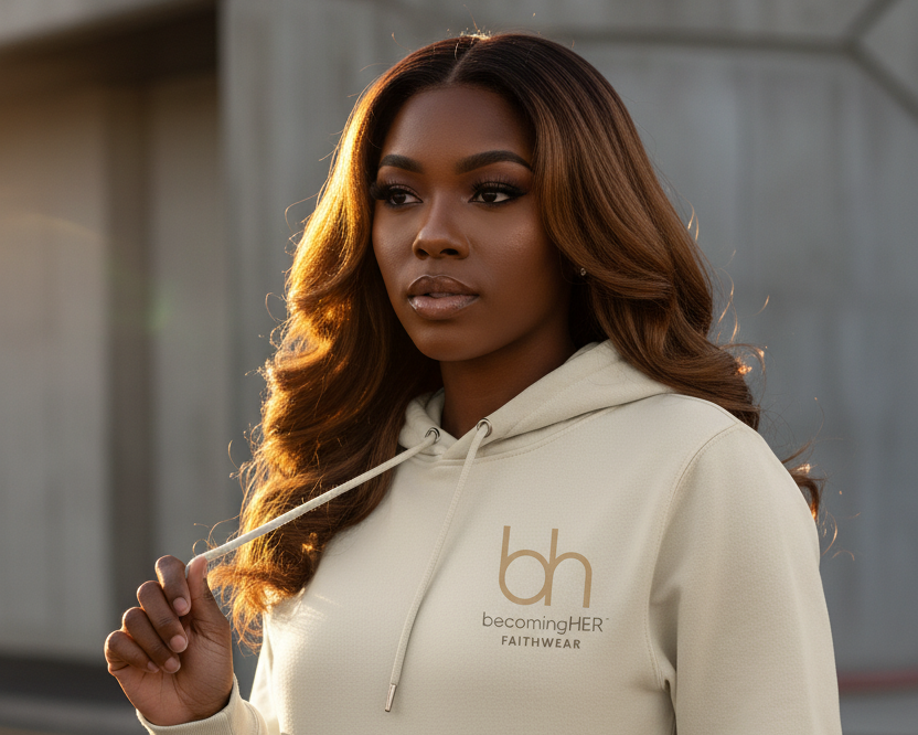 Woman wearing a beige hoodie with a logo, standing outdoors.