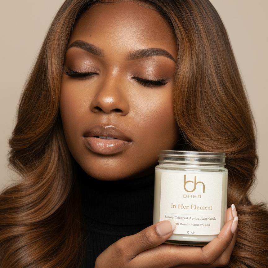 Woman holding a candle labeled 'In Her Element' by behr